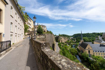 Luxembourg city, May 2022. view of the Chemin de la Corniche, a scenic route on the old city center wallsのeditorial素材