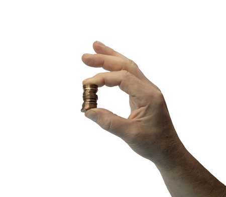 a male hand with a stack of euro coins on a transparent background
