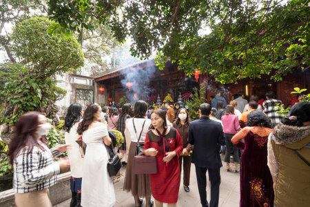 Hanoi, Vietnam, January 2023. view of worshipers in the Quan Thanh Taoist temple in the city center