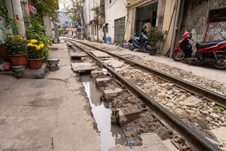 Hanoi, Vietnam, January 2023. the tracks between the houses of the old district of the city centreのeditorial素材