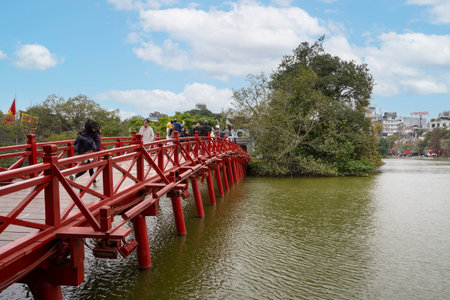 Hanoi, Vietnam, January 2023. view of Ngoc Son Temple, Confucian temple on the Hoan Kiem lake crossed by a bridge, with tower and pavilions dedicated to the national hero.のeditorial素材