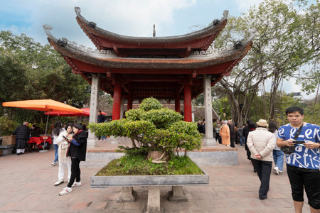 Hanoi, Vietnam, January 2023. view of Ngoc Son Temple, Confucian temple on the Hoan Kiem lake crossed by a bridge, with tower and pavilions dedicated to the national hero.のeditorial素材