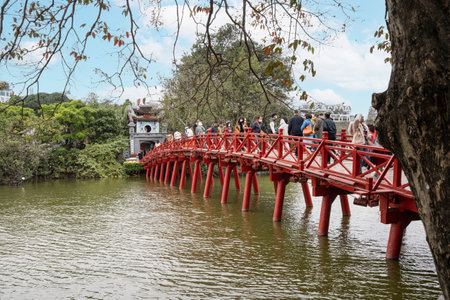 Hanoi, Vietnam, January 2023. view of Ngoc Son Temple, Confucian temple on the Hoan Kiem lake crossed by a bridge, with tower and pavilions dedicated to the national hero.のeditorial素材