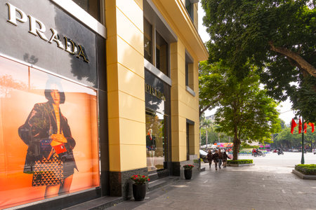 Hanoi, Vietnam, January 2023. External view of the Prada luxury brand store in the city center