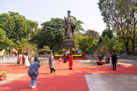 Hanoi, Vietnam, January 2023. bronze statue of King Ly Thai To honoring liberation, culture and history in a city center parkのeditorial素材