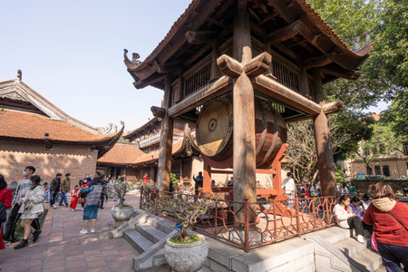 Hanoi, Vietnam, January 2023. visitors in the large park with the historic buildings inside the temple of literatureのeditorial素材