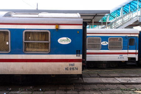 Hanoi, Vietnam, January 2023. Some trains in the central railway station