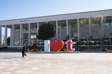 Tirana, Albania. March 2023. exterior view of the National Theater of Opera and Ballet in Tirana on Skenderbej square in the city centerのeditorial素材
