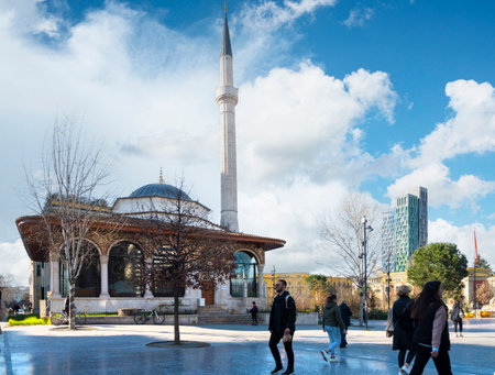 Tirana, Albania. March 2023. exterior view of the Et'hem Bej Mosque in Skenderbej square in the city centerのeditorial素材