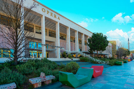 Tirana, Albania. March 2023. exterior view of the National Theater of Opera and Ballet in Tirana on Skenderbej square in the city centerのeditorial素材