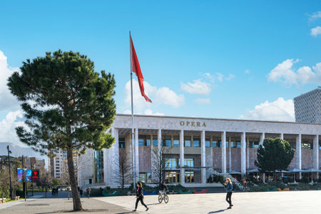 Tirana, Albania. March 2023. exterior view of the National Theater of Opera and Ballet in Tirana on Skenderbej square in the city centerのeditorial素材