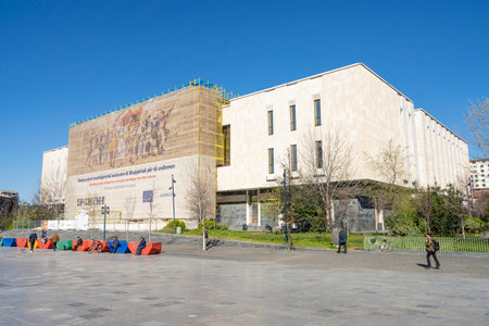 Tirana, Albania. March 2023. exterior view of the national history museum at Skenderbej square in the city centreのeditorial素材