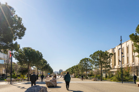 Tirana, Albania. March 2023. view of the pedestrian walkway towards SkÃ«nderbej Square in the city centreのeditorial素材