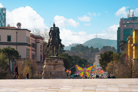 Tirana, Albania. March 2023. The monument of King Gjergj Kastriotit, TiranÃ« in the homonymous square in the city centerのeditorial素材