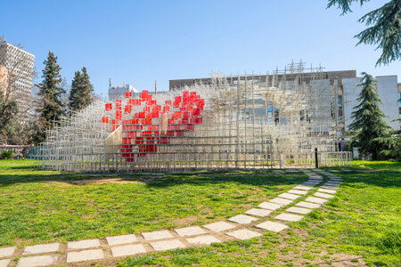 Tirana, Albania. March 2023. Reja (the Cloud) is a modern art installation designed by the Japanese architect: Sou Fujimoto. The âCloudâ pavilion, which originally was commissioned in 2013 for Hans Ulrich Obrist's Serpentine Gallery in London, was traのeditorial素材