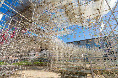 Tirana, Albania. March 2023. Reja (the Cloud) is a modern art installation designed by the Japanese architect: Sou Fujimoto. The âCloudâ pavilion, which originally was commissioned in 2013 for Hans Ulrich Obrist's Serpentine Gallery in London, was traのeditorial素材