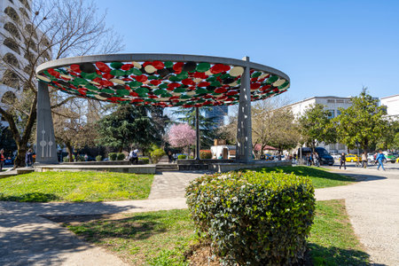 Tirana, Albania. March 2023. view of the Friendship Monument in a city center parkのeditorial素材