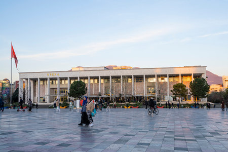 Tirana, Albania. March 2023. exterior view of the National Theater of Opera and Ballet in Tirana on Skenderbej square in the city centerのeditorial素材