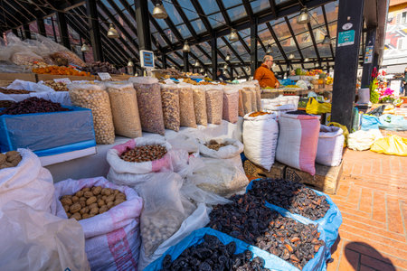 Tirana, Albania. March 2023. view of the stalls in the covered market of Pazari i Ri in the city centreのeditorial素材
