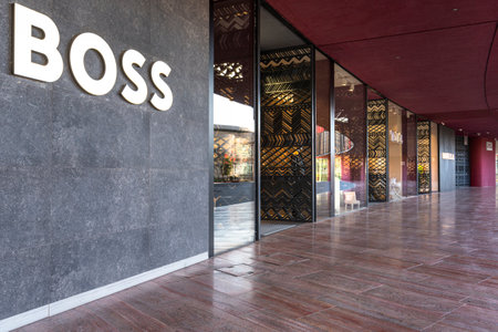 Tirana, Albania. March 2023. exterior view of the Hugo Boss brand store in the city centreのeditorial素材