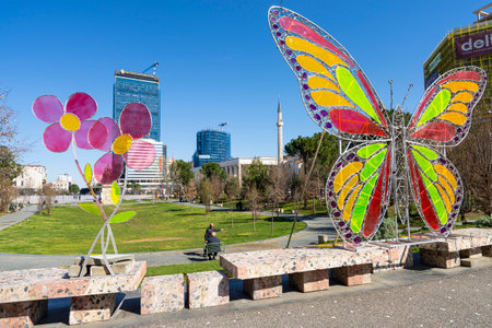Tirana, Albania. March 2023. view of the decorations in Europe park in the city centerのeditorial素材