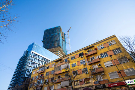 Tirana, Albania. March 2023. The old and modern buildings under construction in the city centreのeditorial素材