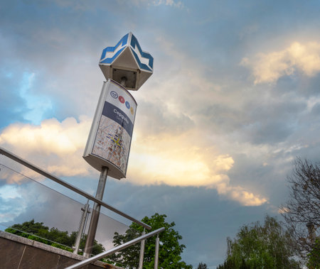 Sofia, Bulgaria. May 2023. the sign with the metro logo in the city center