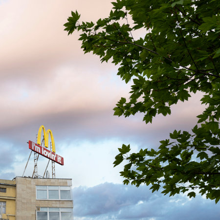 Sofia, Bulgaria. May 2023. Mc Donald's sign on a palace in the city centerのeditorial素材