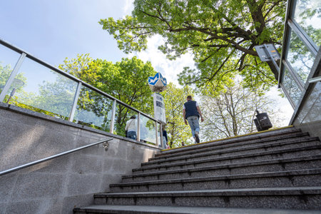 Sofia, Bulgaria. May 2023. the sign on the staircase leading down to the metro in the city centreのeditorial素材