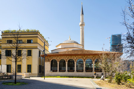Tirana, Albania. March 2023. exterior view of the Et'hem Bej Mosque in Skenderbej square in the city centerのeditorial素材