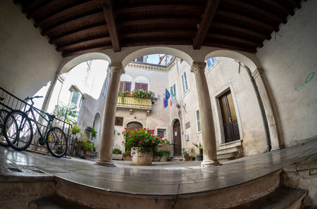 Koper, Slovenia. July 2, 2023. fish eye view of the ancient Carli palace in the city centerのeditorial素材