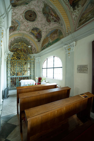 Villach, Austria. July 18 2023. Indoor view of the Holy Cross Church in the city center