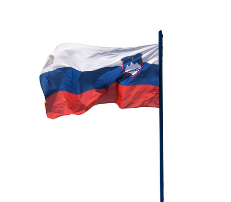 the flag of Slovenia flying on the flagpole isolated on a transparent backgroundの写真素材