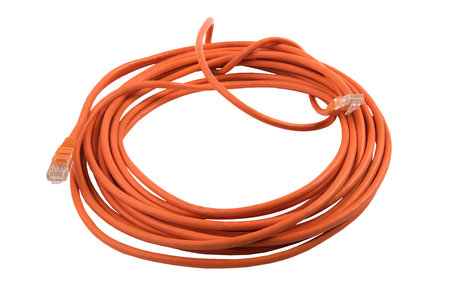 a bundle of orange net cable on a transparent surface