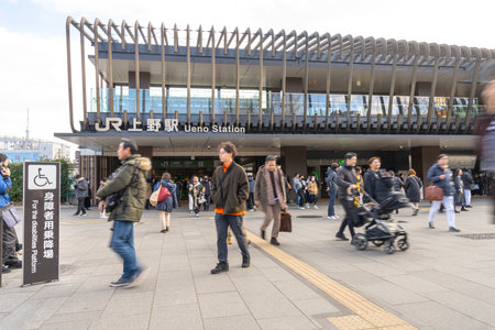Tokyo, Japan. January 2024. view of travelers in front of the Ueno train Station in the city centreのeditorial素材