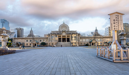 Tokyo, Japan. January 9, 2024. Panoramic exterior view of the Tsukiji Hongan-ji Buddhist temple in the city centerのeditorial素材