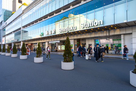 Tokyo, Japan. January 9, 2024. exterior view of the people in front of the Shinjuku railway station in the city centerのeditorial素材