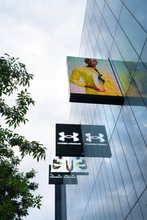 Bucharest, Romania. May 23, 2024. Bright advertising billboards outside a shopping center in the city centreのeditorial素材