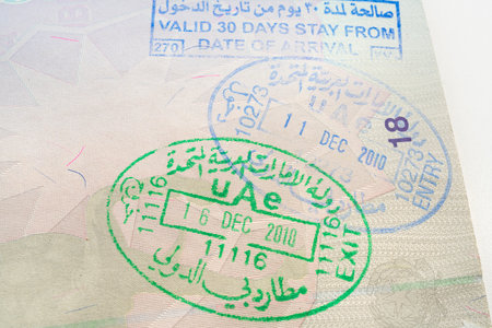 the stamp of the UAE border authorities on a passportの写真素材