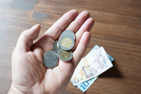 some Georgian Lari coins in the hand with some banknotes on the table in the background