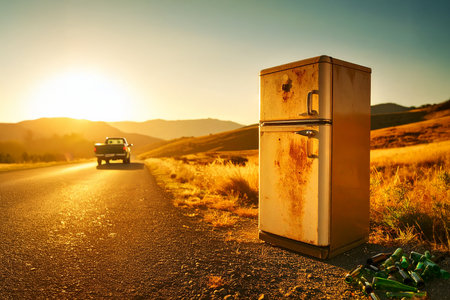 AI generative image. an abandoned refrigerator on the side of a road in a desert at sunsetの素材