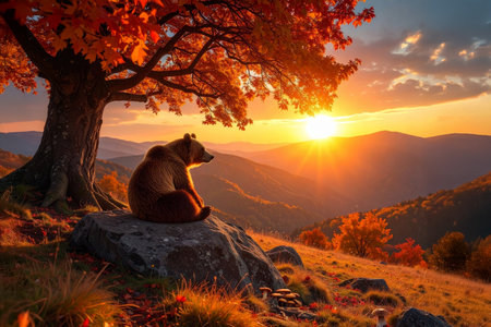 AI generative image. the bear resting on a rock under a tree at sunset in autumnの素材