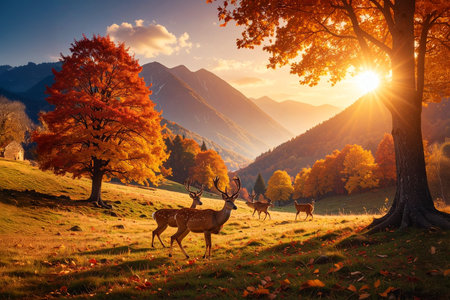 AI generative image. a group of deer grazing in a mountain meadow at sunset in autumnの素材
