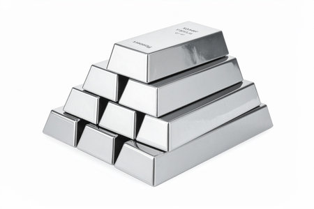 AI generated image. a stack of silver bars isolated on a white surfaceの素材