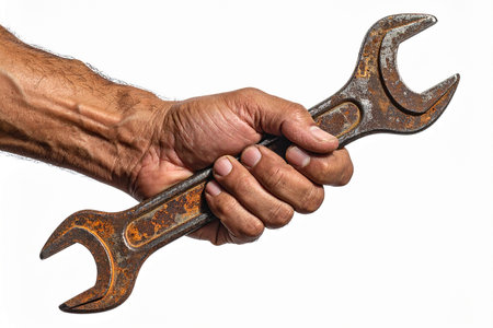 AI generated image. a rusty wrench in a man's hand isolated on white backgroundの素材