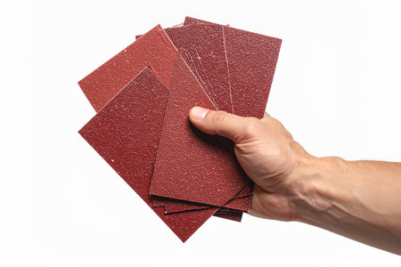 AI generated image. some sheets of sandpaper in a man's hand isolated on white backgroundの素材