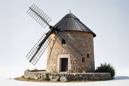 AI generated image. an old windmill isolated on a white backgroundの素材