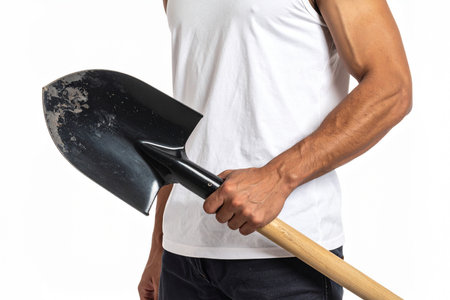AI generated image. a shovel in the hands of a man isolated on a white backgroundの素材