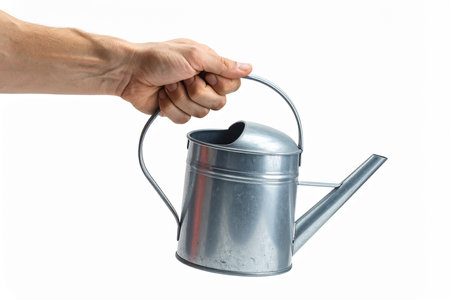 AI generated image. a metal watering can in a man's hand isolated on a white backgroundの素材