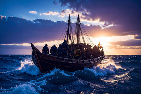 AI generated image. an ancient wooden boat with sailors on board sails in the sea at sunsetの素材